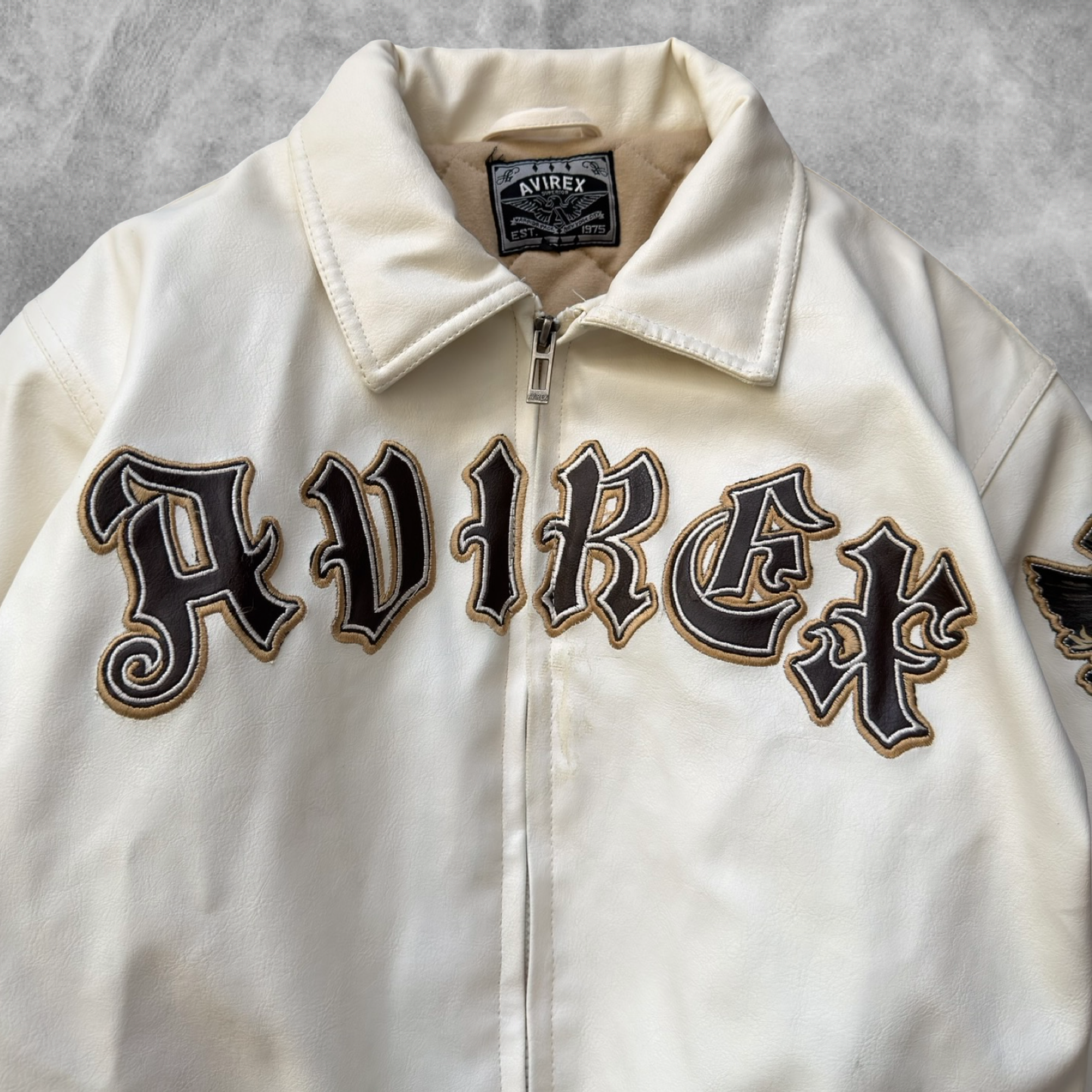 White Avirex Leather Embroidered Bomber Jacket 1990s (S)