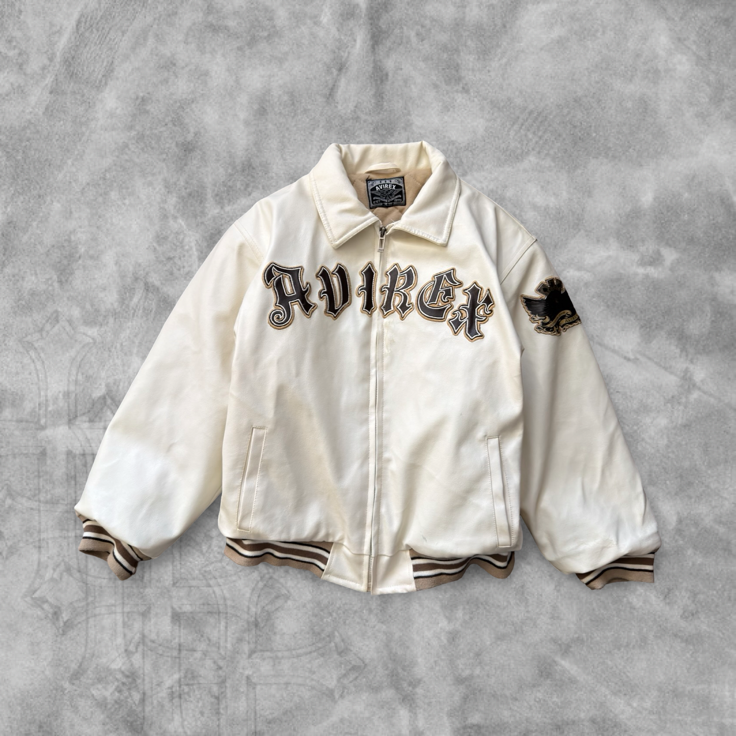 White Avirex Leather Embroidered Bomber Jacket 1990s (S)