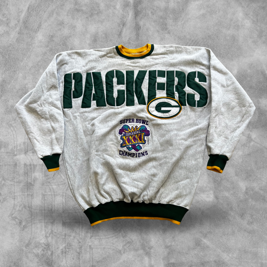 Grey Green Bay Packers Super Bowl Spell Out Sweatshirt 1996 (XL)