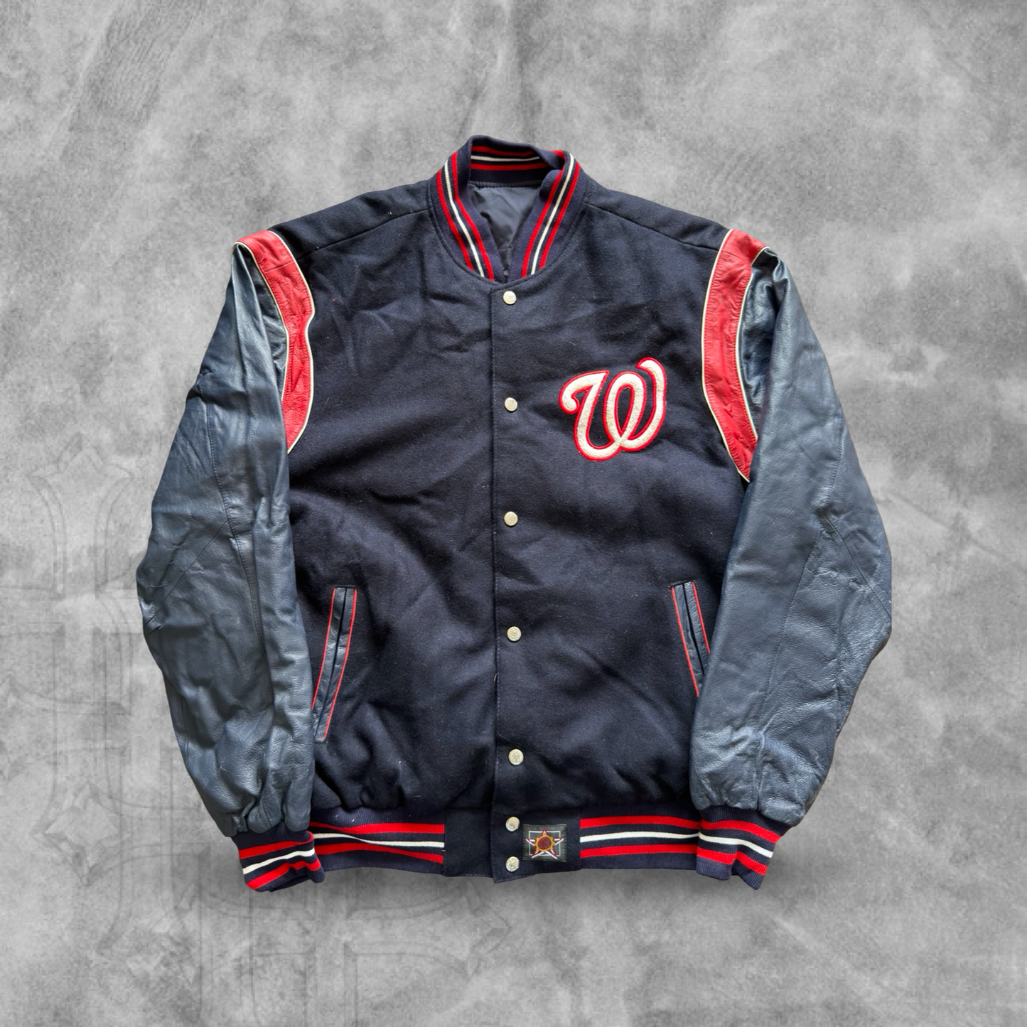 Navy Blue Washington Nationals Leather Reversible Varsity Jacket 1990s (L)