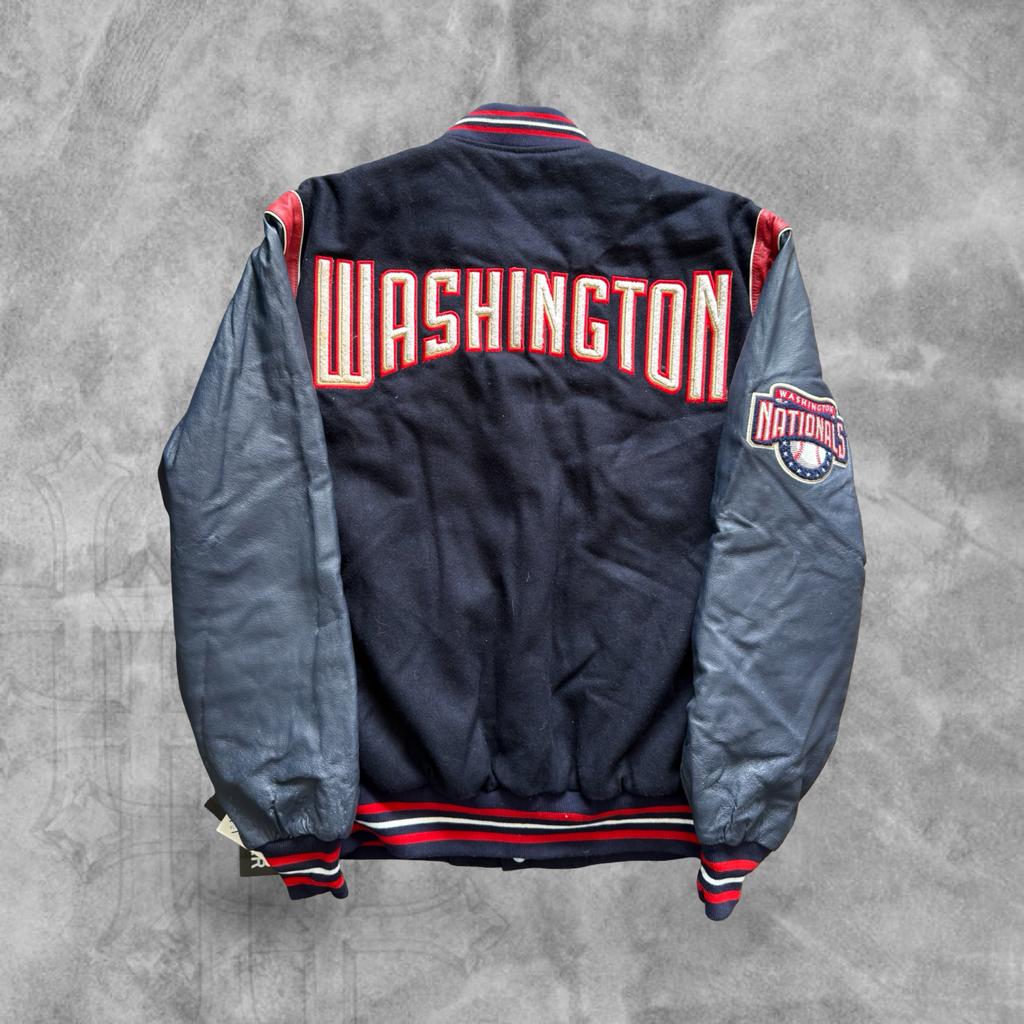 Navy Blue Washington Nationals Leather Reversible Varsity Jacket 1990s (L)