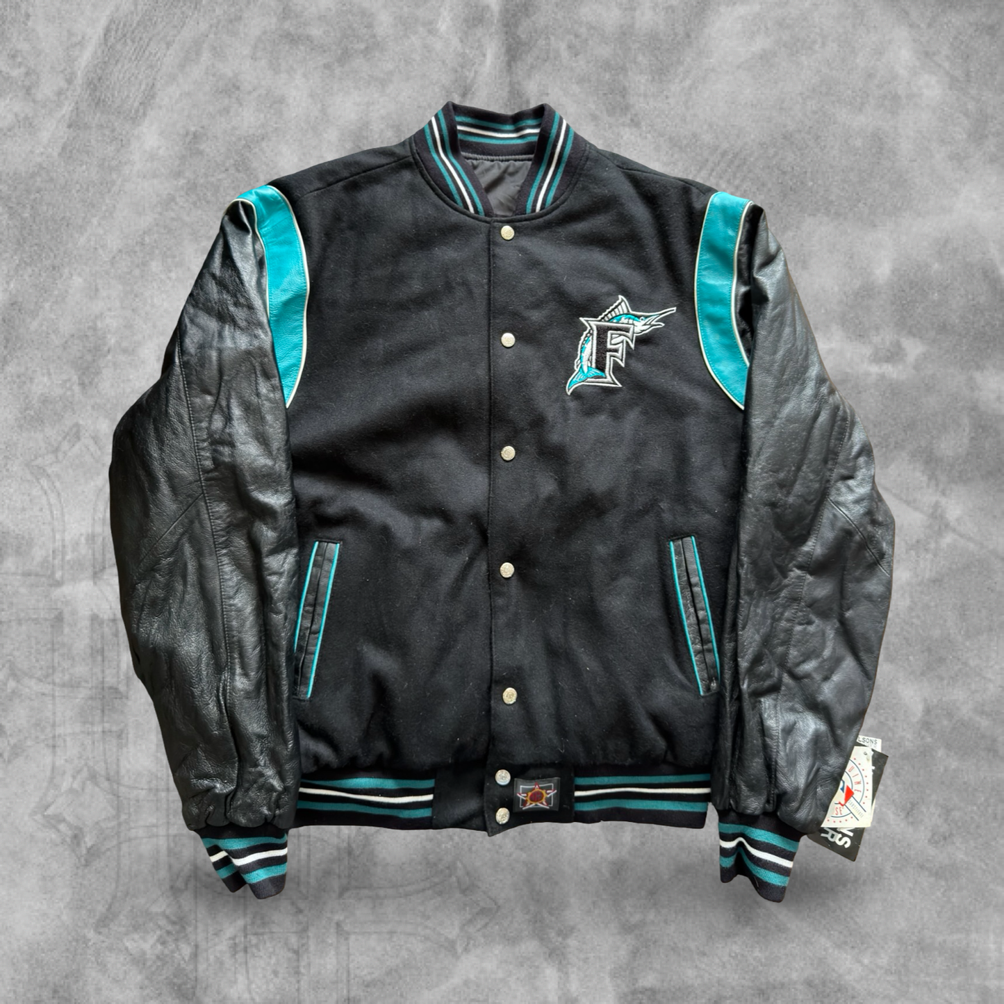 Black Florida Marlins Leather Reversible Varsity Jacket 1990s (L)