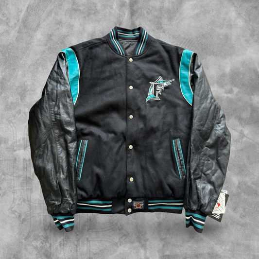 Black Florida Marlins Leather Reversible Varsity Jacket 1990s (L)