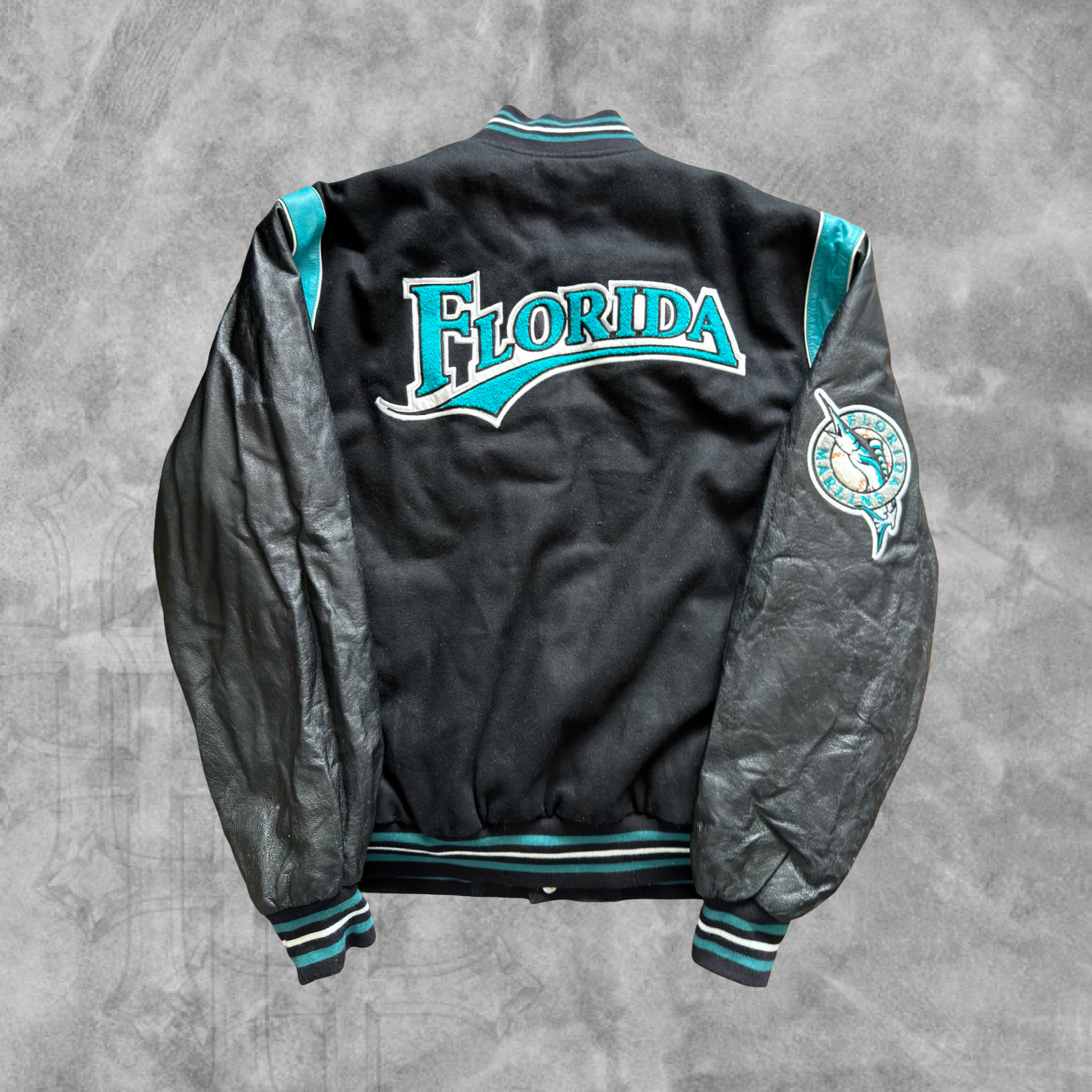 Black Florida Marlins Leather Reversible Varsity Jacket 1990s (L)
