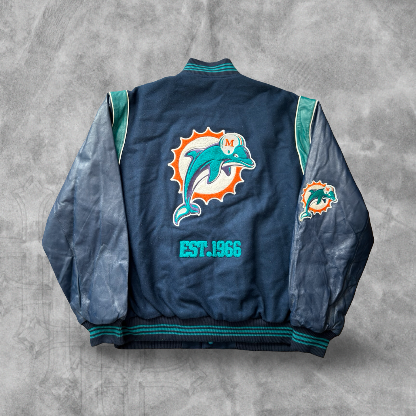 Navy Blue Miami Dolphins Leather Reversible Varsity Jacket 1990s (L)