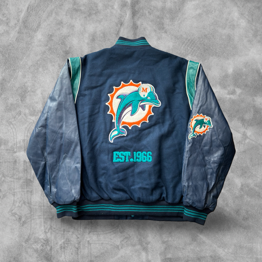 Navy Blue Miami Dolphins Leather Reversible Varsity Jacket 1990s (L)
