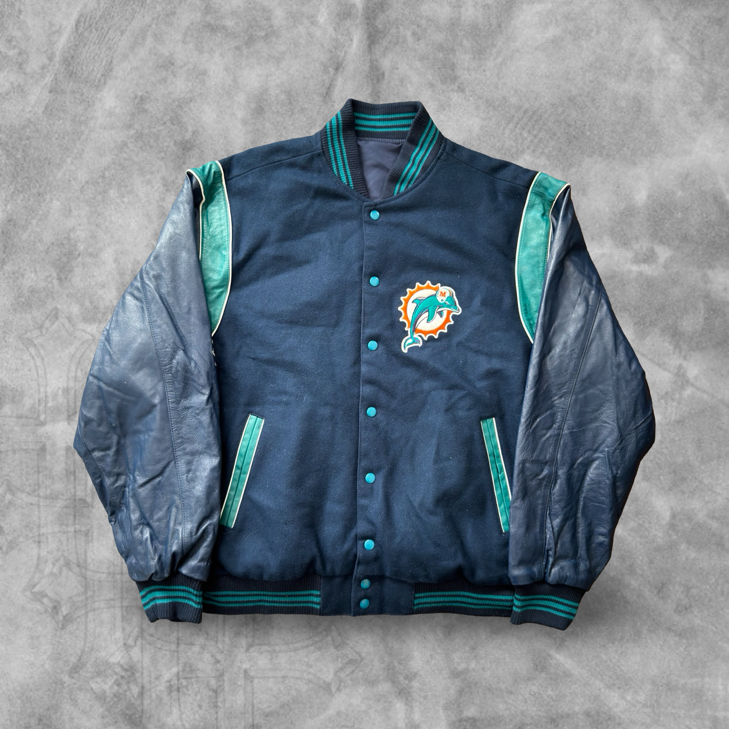 Navy Blue Miami Dolphins Leather Reversible Varsity Jacket 1990s (L)