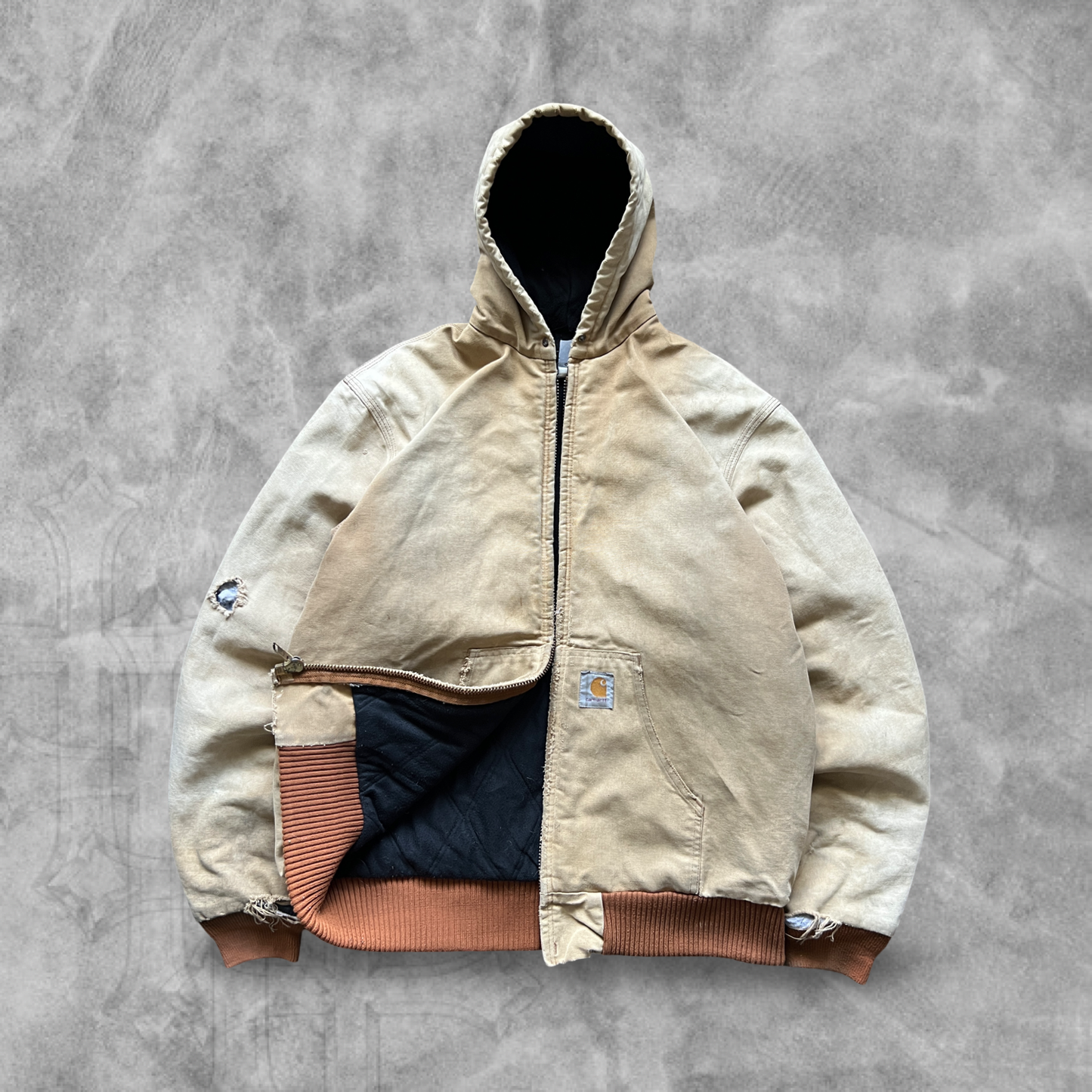 Faded Distressed Tan Hooded Carhartt Jacket 1990s (XL)