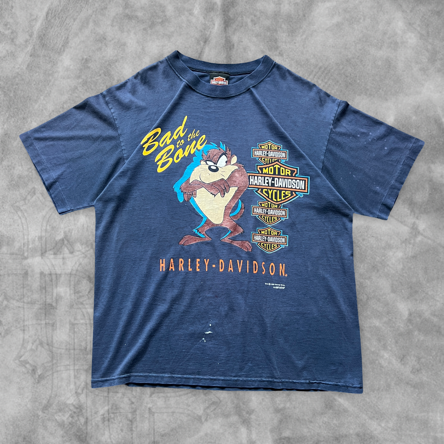 Distressed Navy Blue Bad To The Bone Taz Harley Davidson Shirt 1993 (XL)