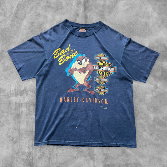 Distressed Navy Blue Bad To The Bone Taz Harley Davidson Shirt 1993 (XL)