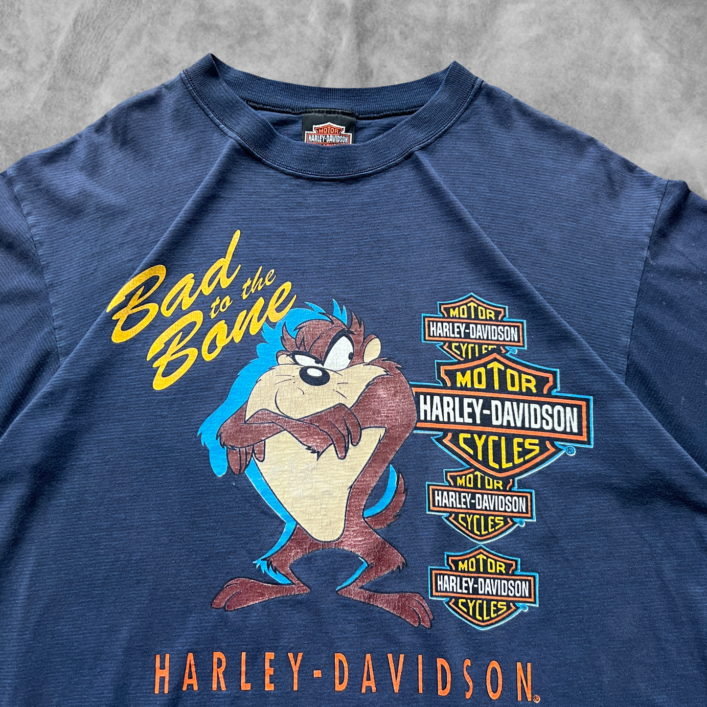 Distressed Navy Blue Bad To The Bone Taz Harley Davidson Shirt 1993 (XL)