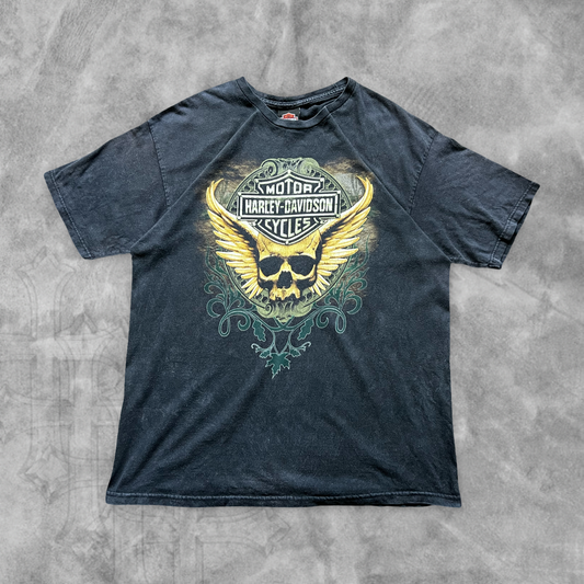 Faded Black Long Horn Skull Harley Davidson Shirt 2000s (M)