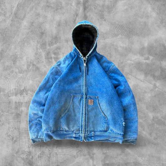 Faded Distressed Denim Carhartt Hooded Jacket 2002 (XL)