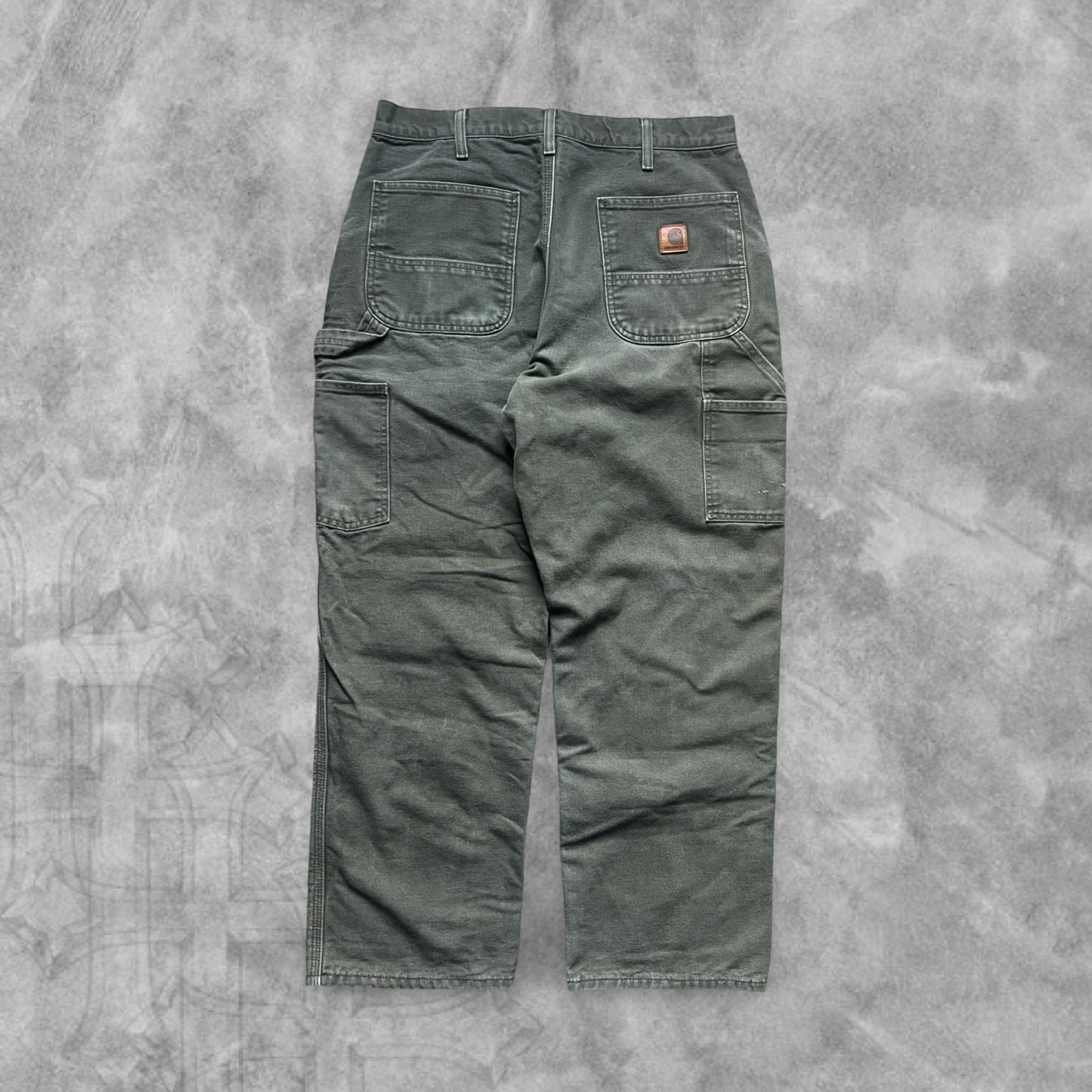 Faded Olive Green Carhartt Carpenter Flannel Lined Pants 2000s (34x30)