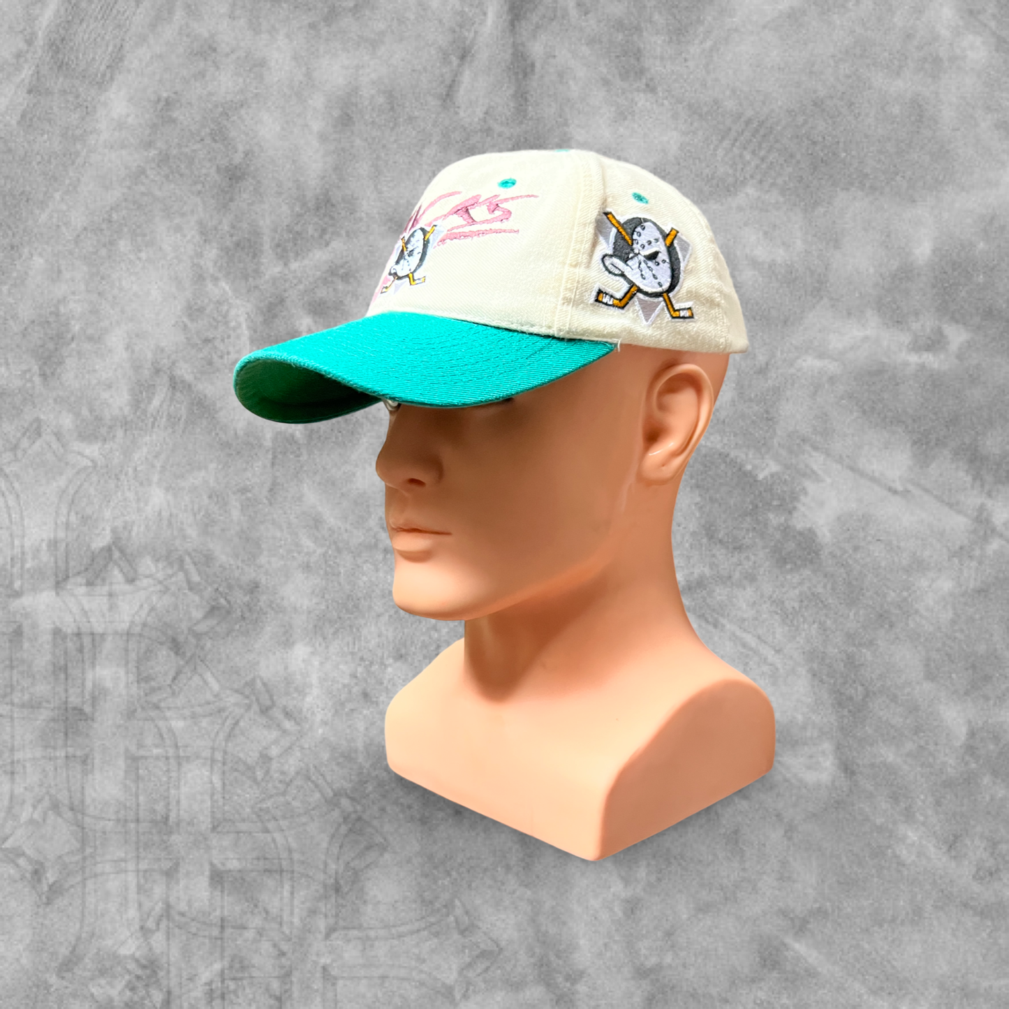Bone White Might Ducks Script SnapBack Hat 1990s