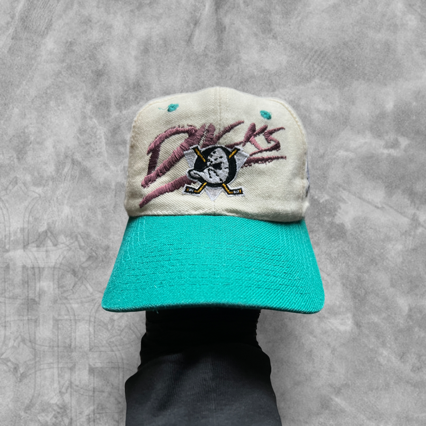 Bone White Might Ducks Script SnapBack Hat 1990s