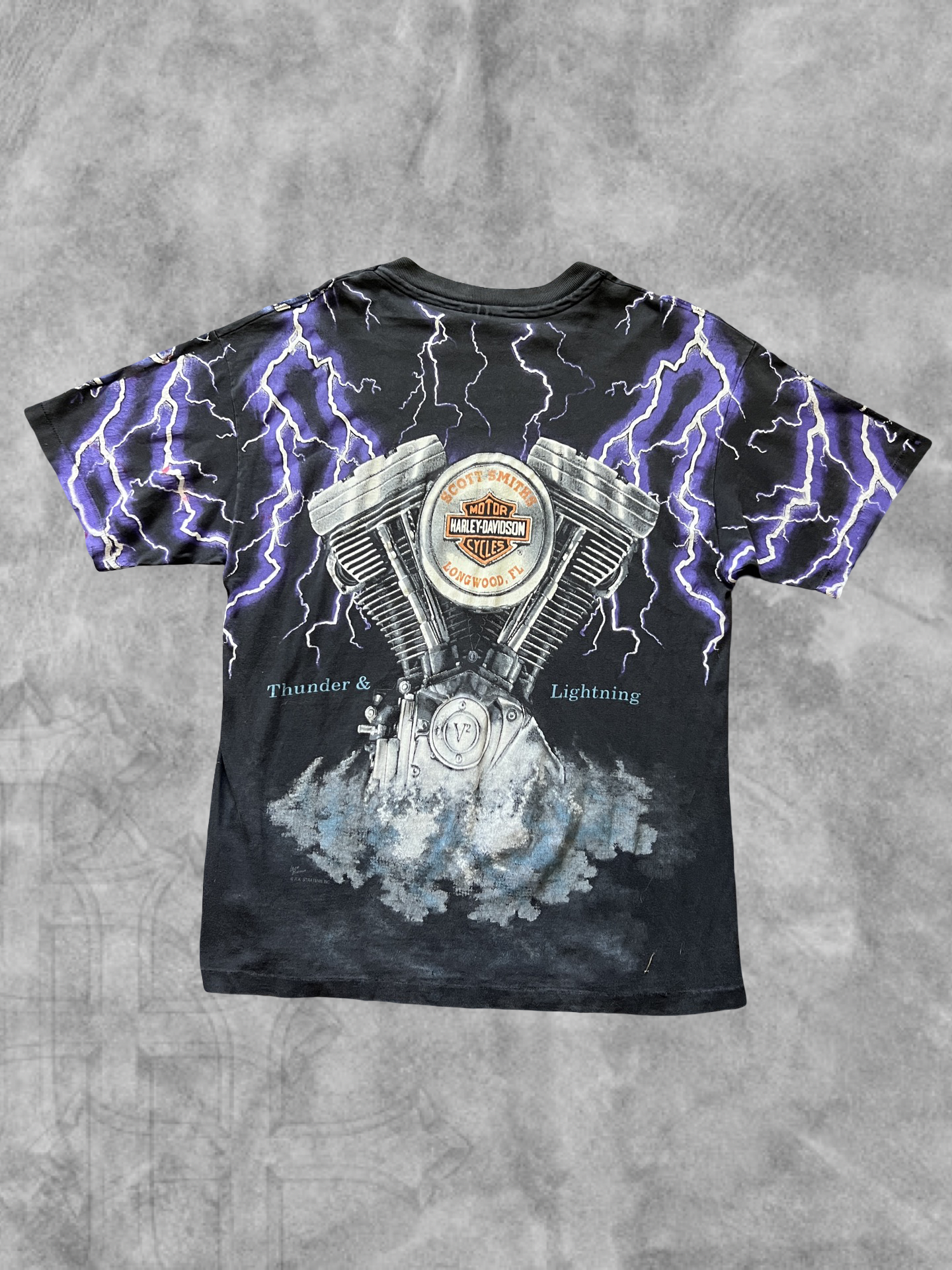 Faded Black Harley Davidson Thunder And Lightning Shirt 1990s (L)