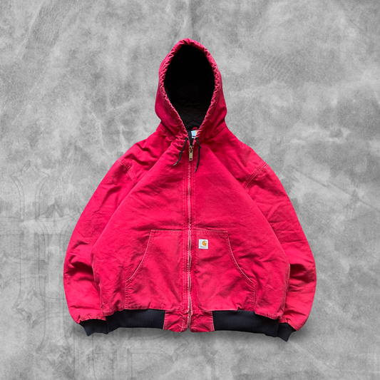 Cherry Red Carhartt Hooded Jacket Quilt Lined 1990s (XL)