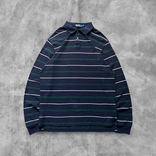 Blue/Green/White Striped Polo Rugby Shirt 1990s (XL)
