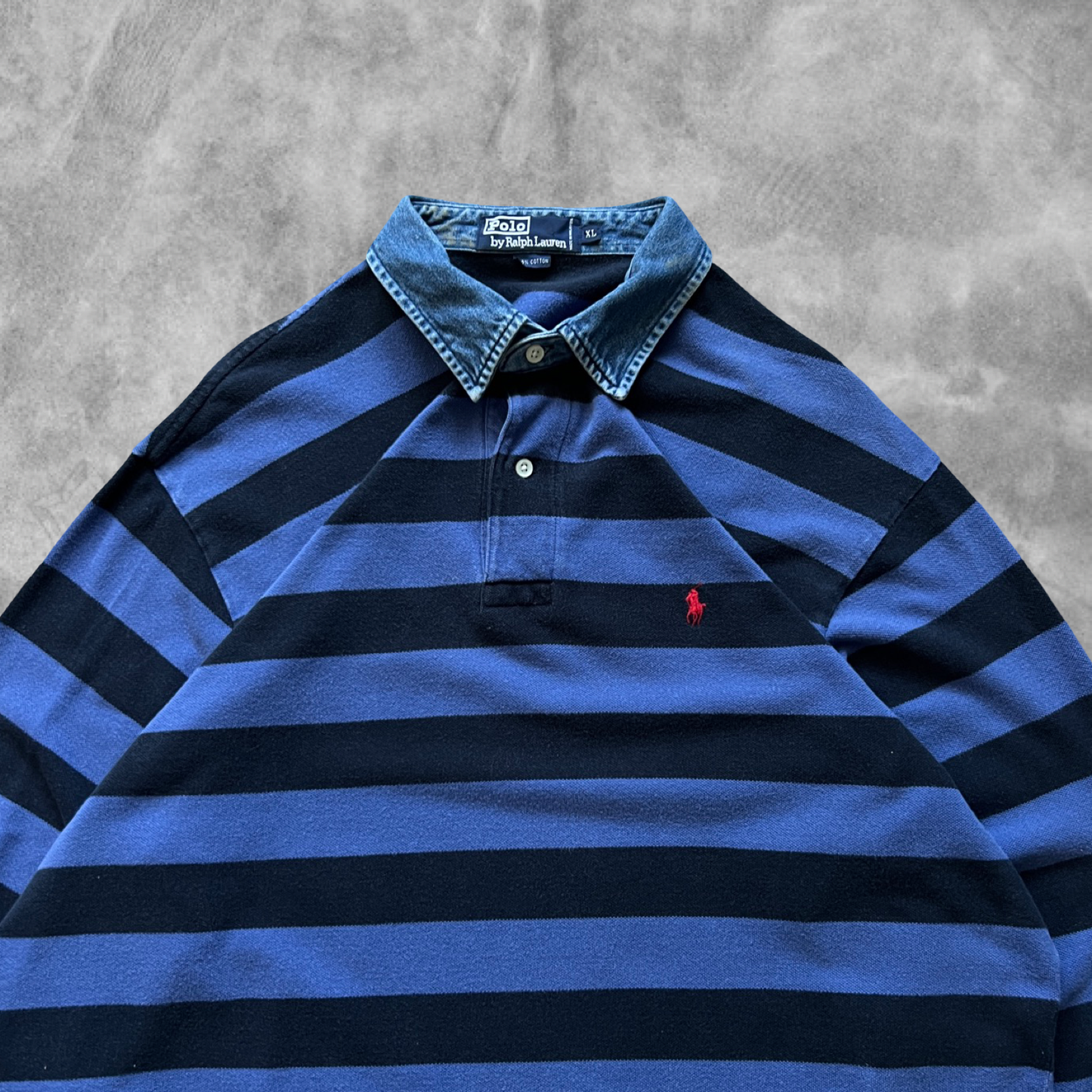 Black and Blue Striped Polo Shirt 1990s (XL)