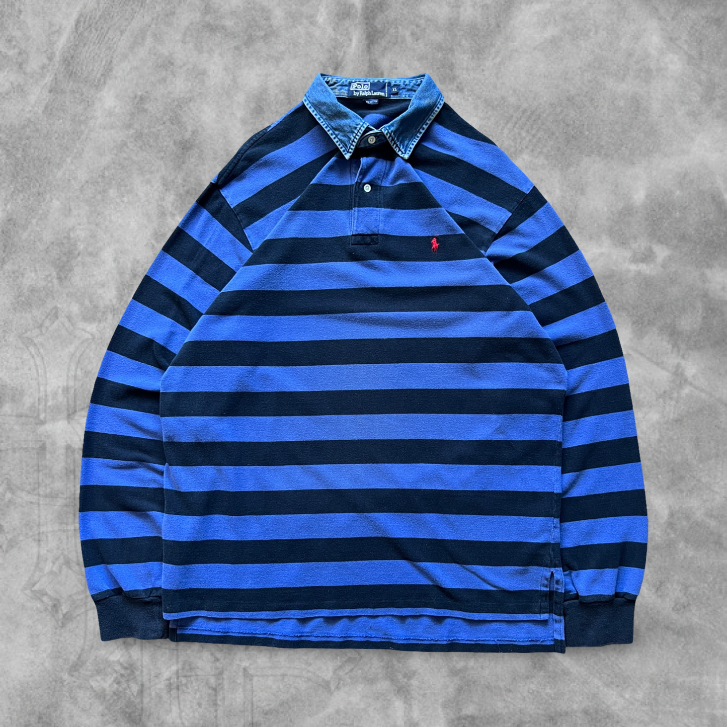 Black and Blue Striped Polo Shirt 1990s (XL)