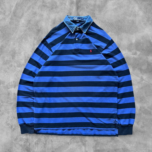 Black and Blue Striped Polo Shirt 1990s (XL)