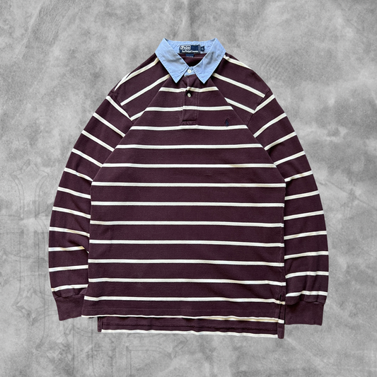 Maroon Striped Polo Rugby Shirt 1990s (L)