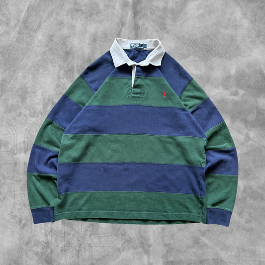 Navy/Green Striped Polo Rugby Shirt 1990s (L)