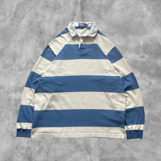 White/Blue Striped Polo Rugby Shirt 1990s (XL)