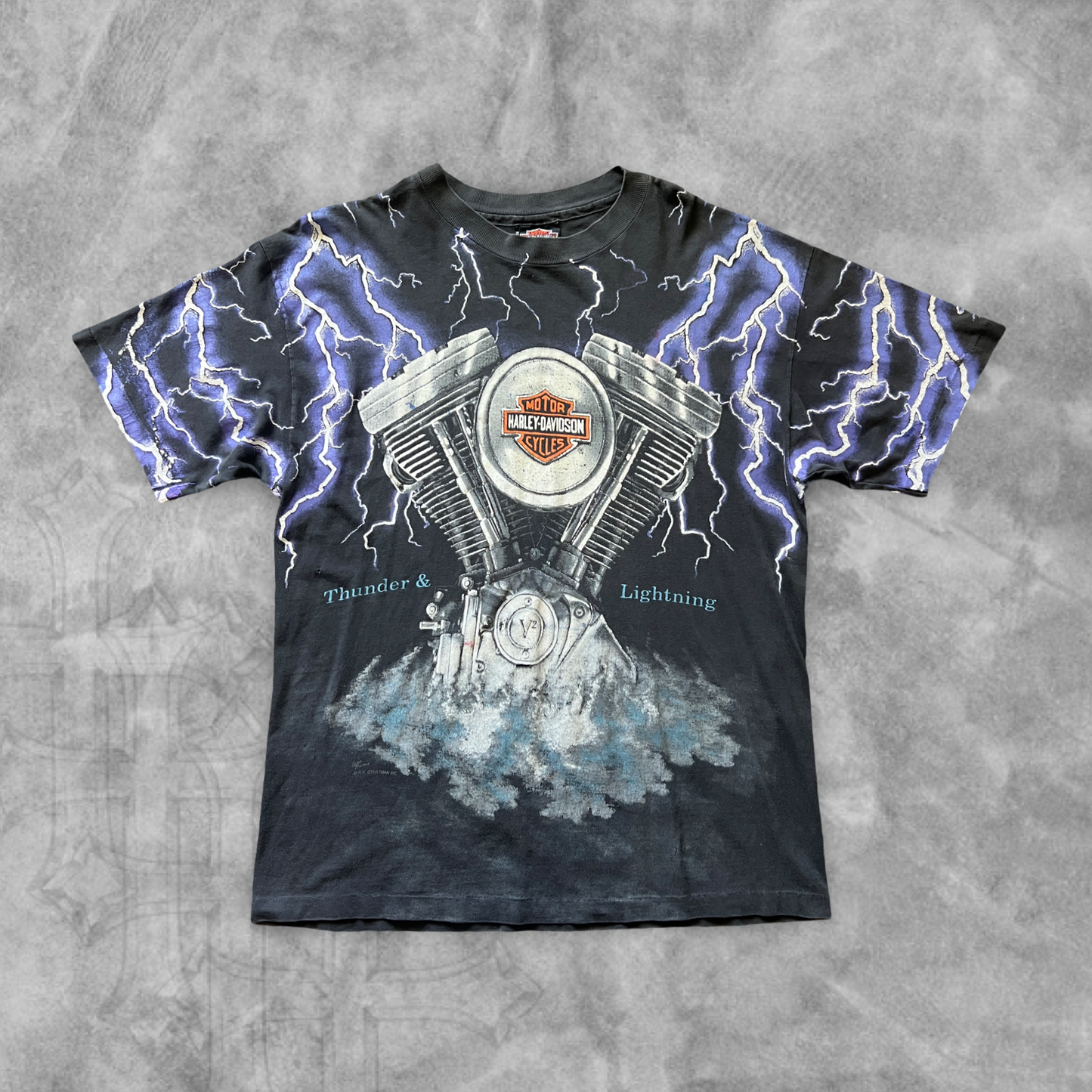 Faded Black Harley Davidson Thunder And Lightning Shirt 1990s (L)