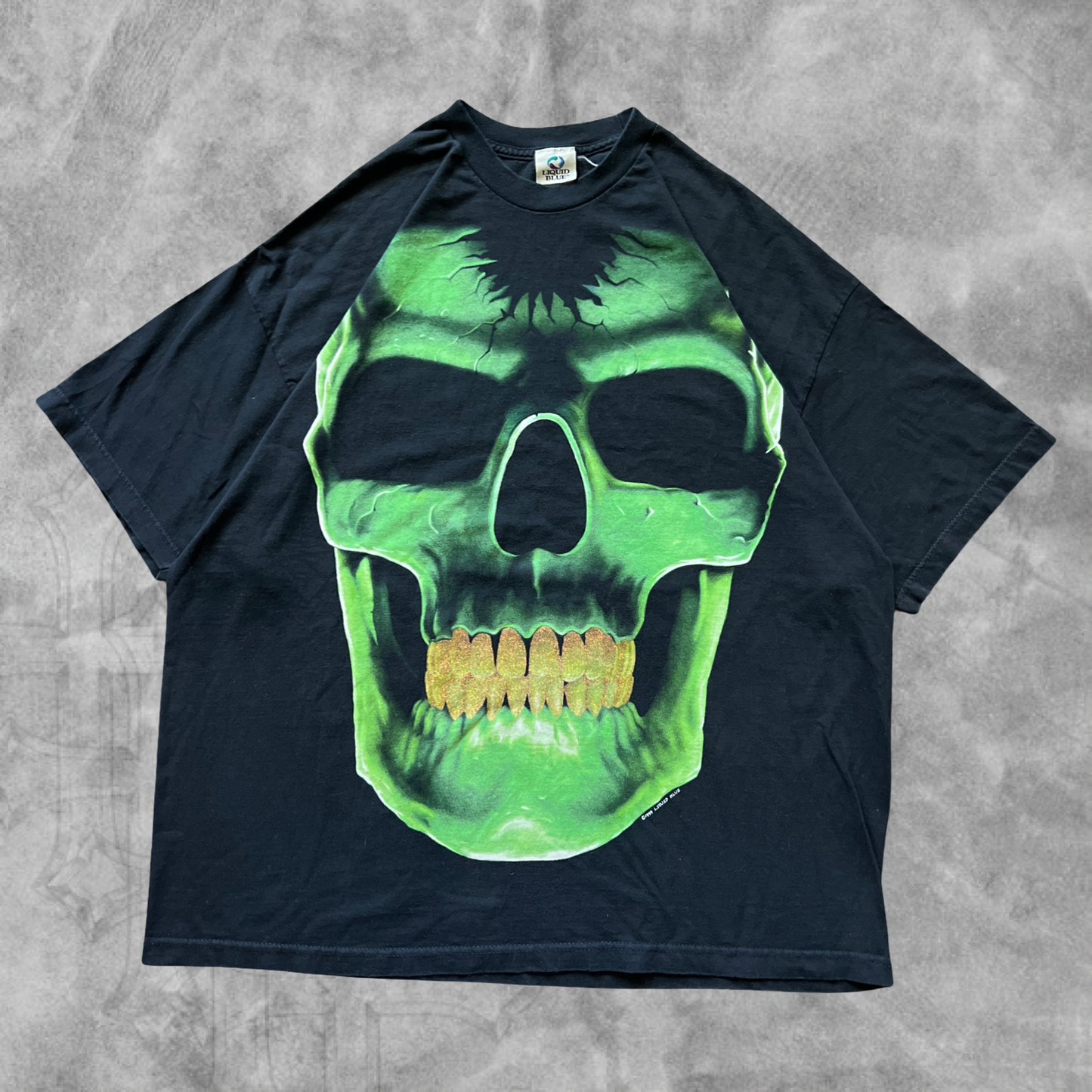 Black Green Skull Liquid Blue Shirt 1990s (XXL)