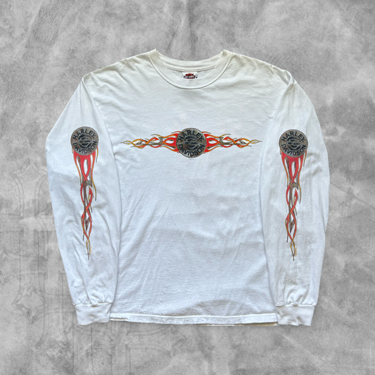 White Harley Davidson Flame Sleeve Shirt 2000s (XL)