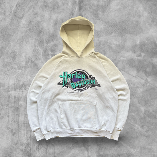 White Harley Davidson 3D Emblem Hoodie 1990s (M)