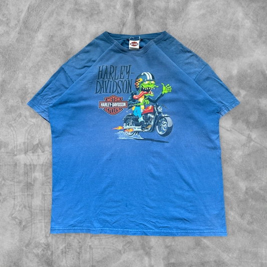 Blue Harley Davidson Lizard Rider Shirt 2000s (XXL)