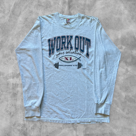 Heather Grey Work Out Your Salvation Long Sleeve Shirt 1990s (L)