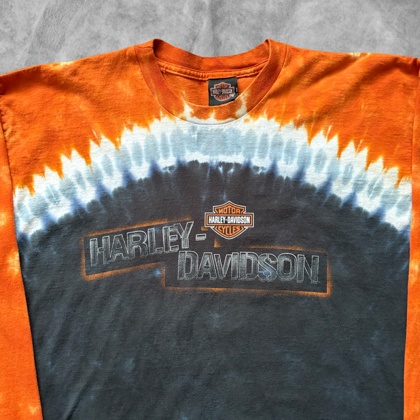 Orange Tye Dye Harley Davison Long Sleeve Shirt 2000s (XL)